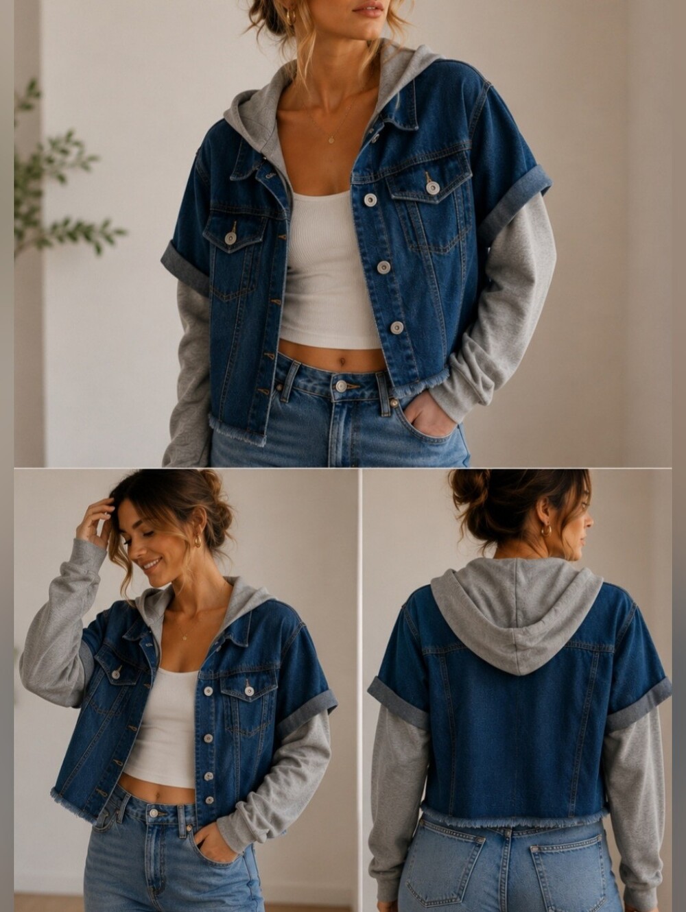 New Look Blue Denim Jacket with Grey Hoodie Sleeves